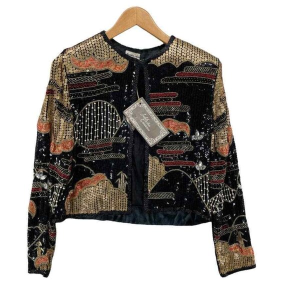 Vintage Judith Ann Creations Jacket Womens Medium Black Silk Beaded Sequined NEW - Picture 1 of 12